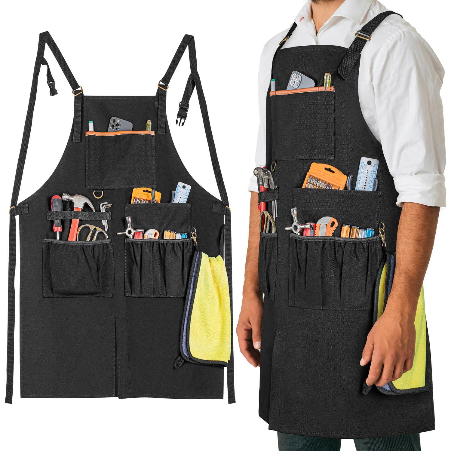 HODRANT Work Tool Apron, Heavy-duty Canvas Woodworking Apron for Men & Women with Dual Shoulder Straps & Adjustable Buckle, Utility Shop Apron for HODRANT