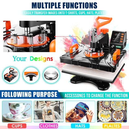 Pro 8 in 1 Heat Press Machine Combo T Shirt Pressing Machine 15x12Multifunctional 360°Rotation Swing Printing Sublimation Heat Press Transfer Machine - WoodArtSupply