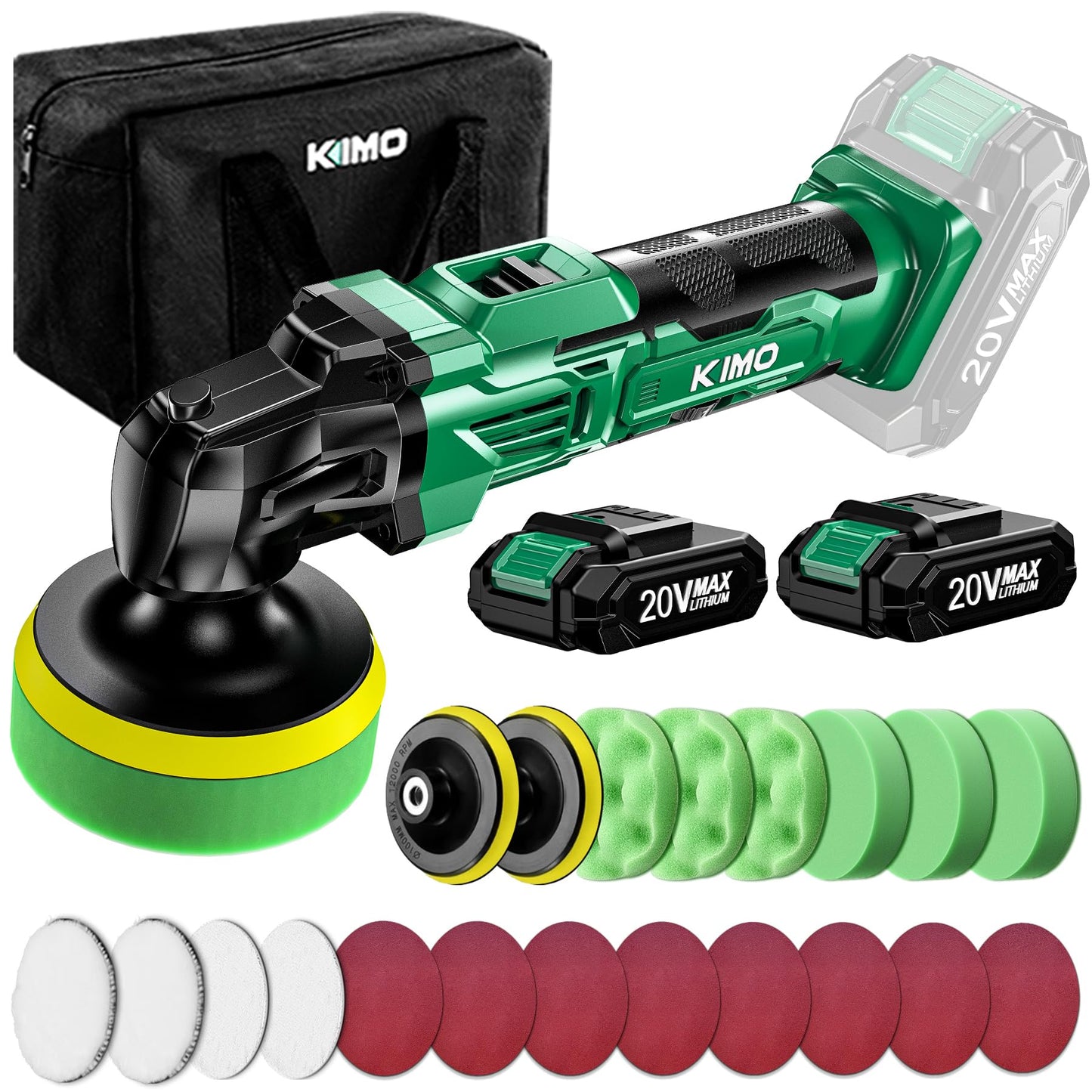 KIMO 20V Cordless Buffer Polisher Kit, 24 Accessories, 2 X 2000mAh Batteries, Car Polisher w/ 6 Variable Speed Up to 3634RPM, Cordless Polisher for - WoodArtSupply