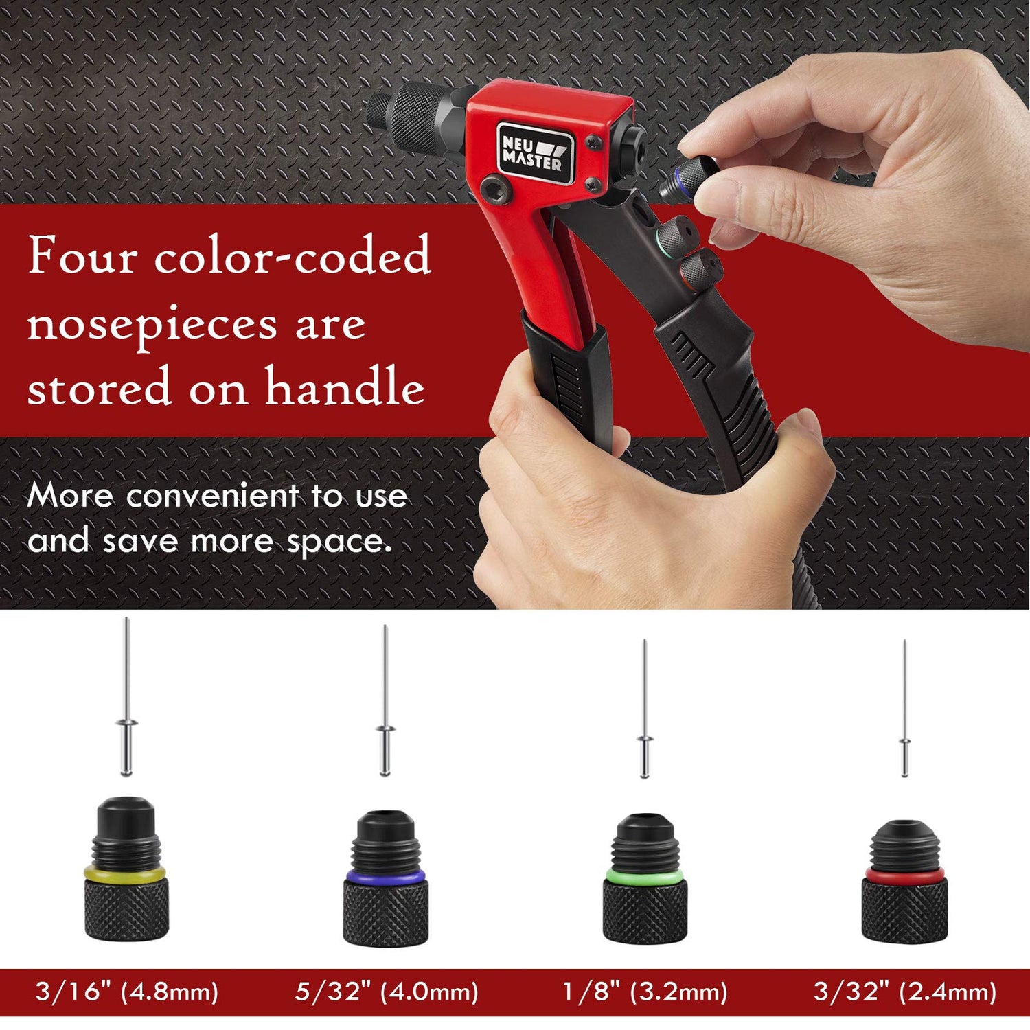 NEU MASTER Rivet Gun with 200Pcs Rivets, Manual Rivet Gun Kit with 4 Tool-Free Interchangeable Rivet Heads, BMC Case, Heavy Duty Single Hand Riveter NEU MASTER