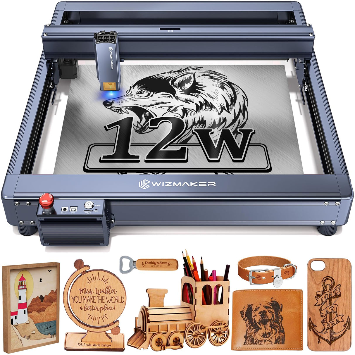 WIZMAKER Laser Engraver, 12W Output Powerful Laser Cutter DIY Laser Engraving Machine + WIZMAKER Upgraded Honeycomb Laser Bed, Spliceable Laser WIZMAKER