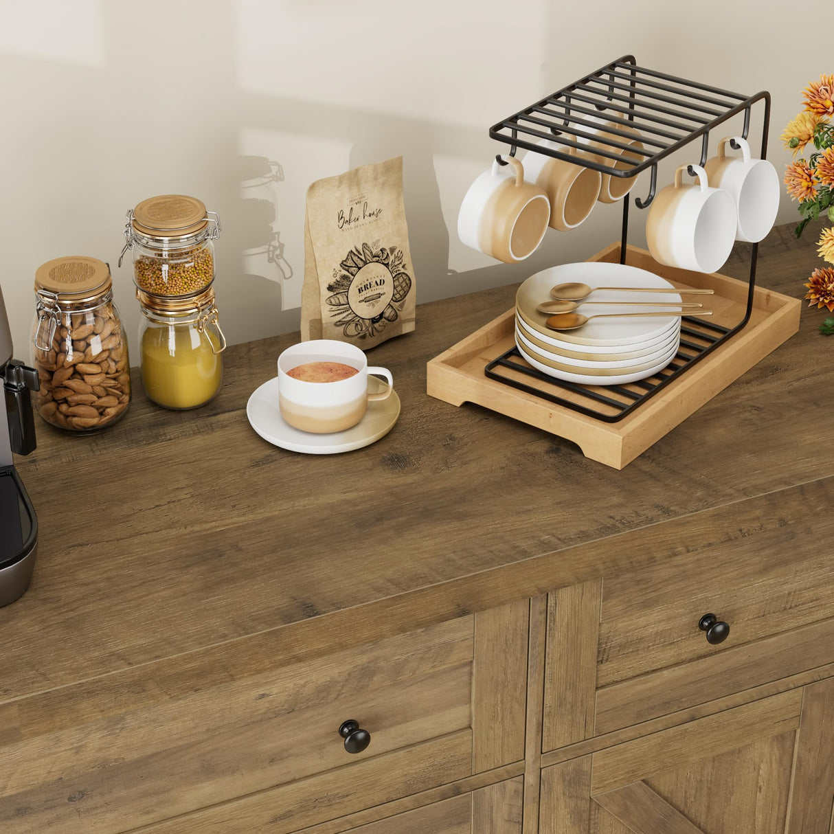 HOSTACK 55" Buffet Sideboard Cabinet with Storage, Modern Farmhouse Coffee Bar Cabinet with Drawers and Shelves, Barn Doors Storage Cabinet for HOSTACK