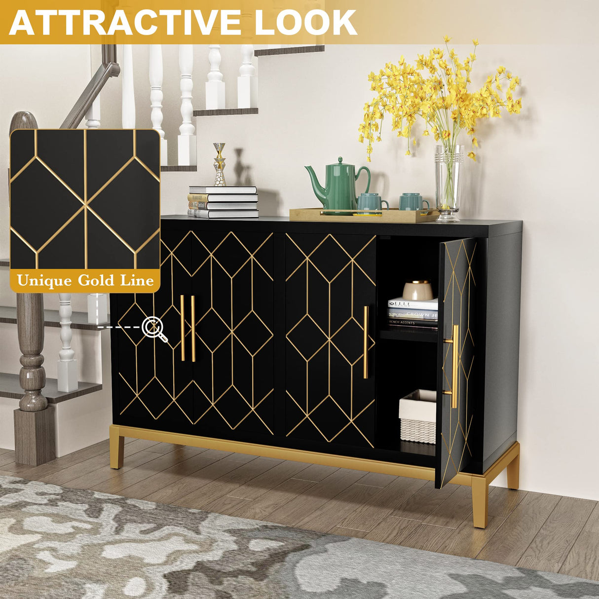 HLR Accent Cabinet with 4 Doors&Shelves, Sideboard Buffet Cabinet with Gold Trim, Modern Black Storage Cabinet for Living Room, Entryway, Kitchen, HLR