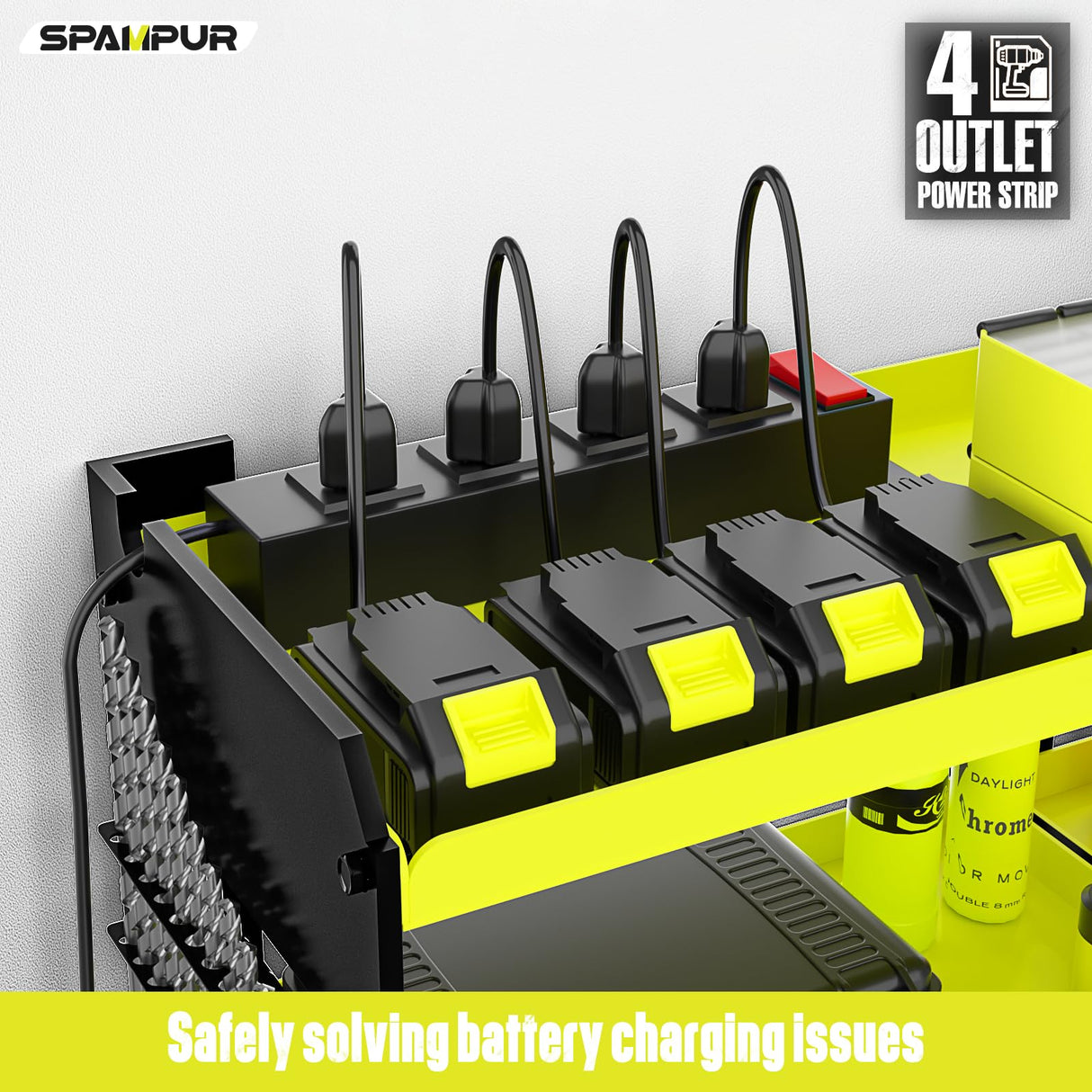 Spampur Power Tool Organizer Wall Mount with Charging Station, Tool Shelf 6 Drill Holders, Heavy Duty Metal Premium Garage Utility Rack, Cordless Spampur
