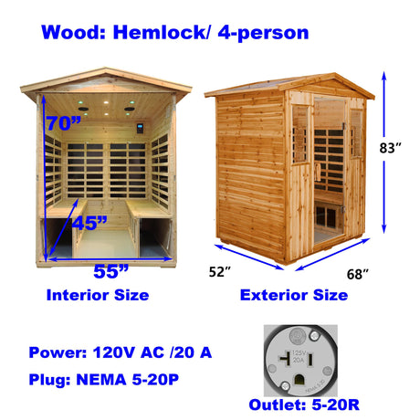 Xmatch Far Infrared Wooden Sauna Room, 4 Person Outdoor Size with 2050W, 8 Low EMF Heaters, 2 Bluetooth Speakers, 2 LED Reading Lamp and 4 Xmatch