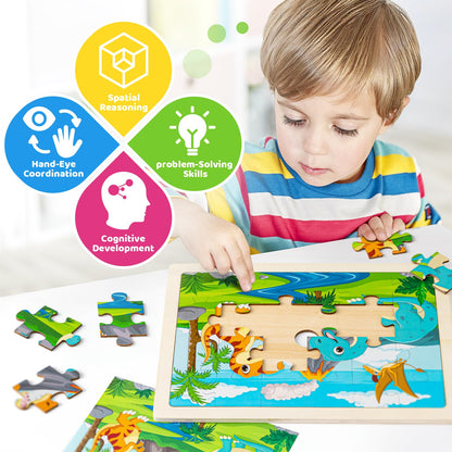 137 Piece Art Set & 4 Pack Wooden Dinosaur Puzzles for Kids - WoodArtSupply