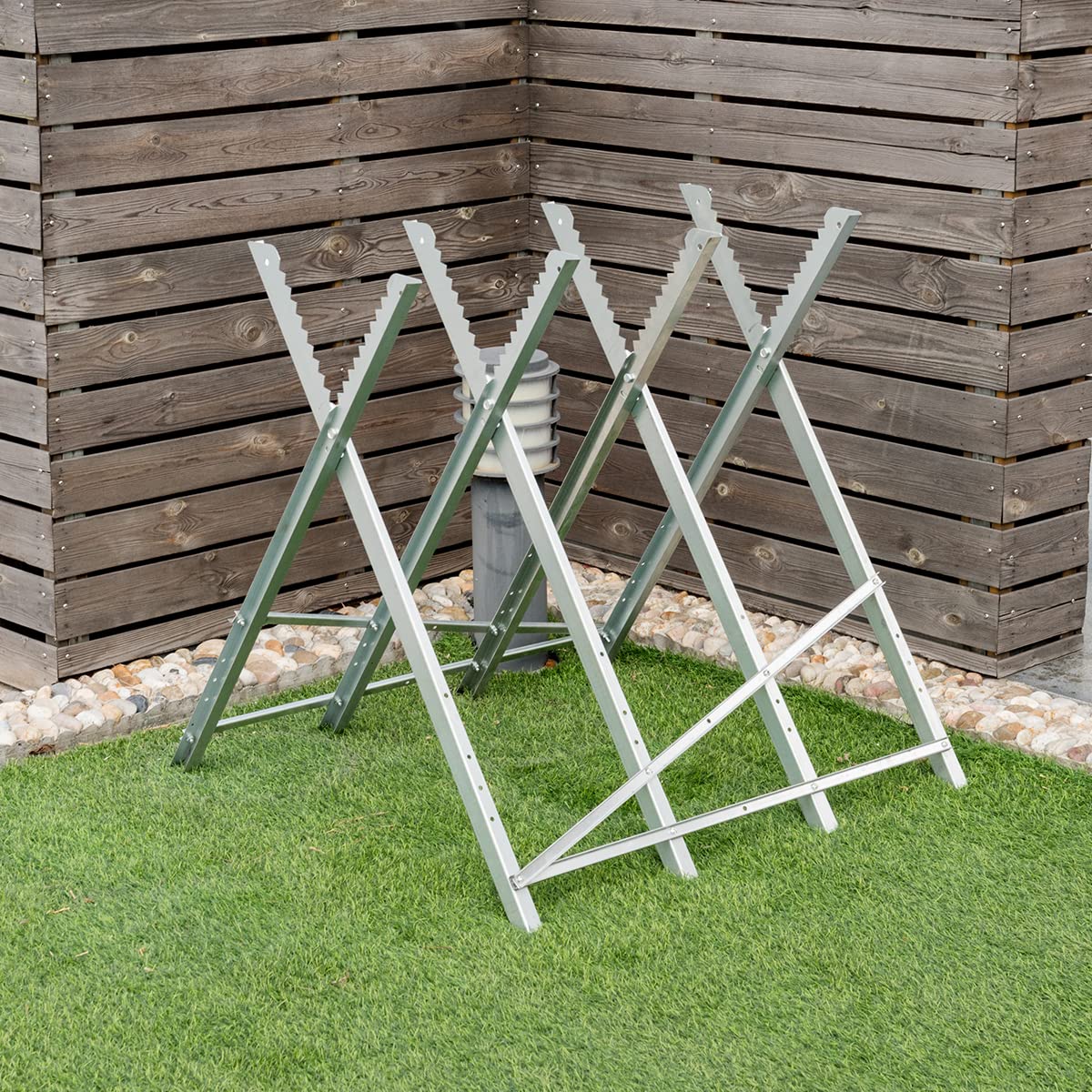 IRONMAX Folding Saw Horse, 220 LBS Heavy Duty Steel Sawbuck w/ Sawtooth for Log Firewood, Adjustable Lightweight Sawhorse Wood Cutting Stand IRONMAX