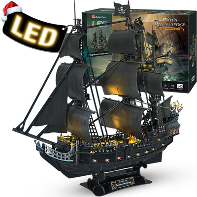 3D Puzzles for Adults - Led Pirate Ship Queen Anne's Revenge - Large 27'' Sailboat Hard Puzzles - Desk Decor House Warming Gifts New Home -
