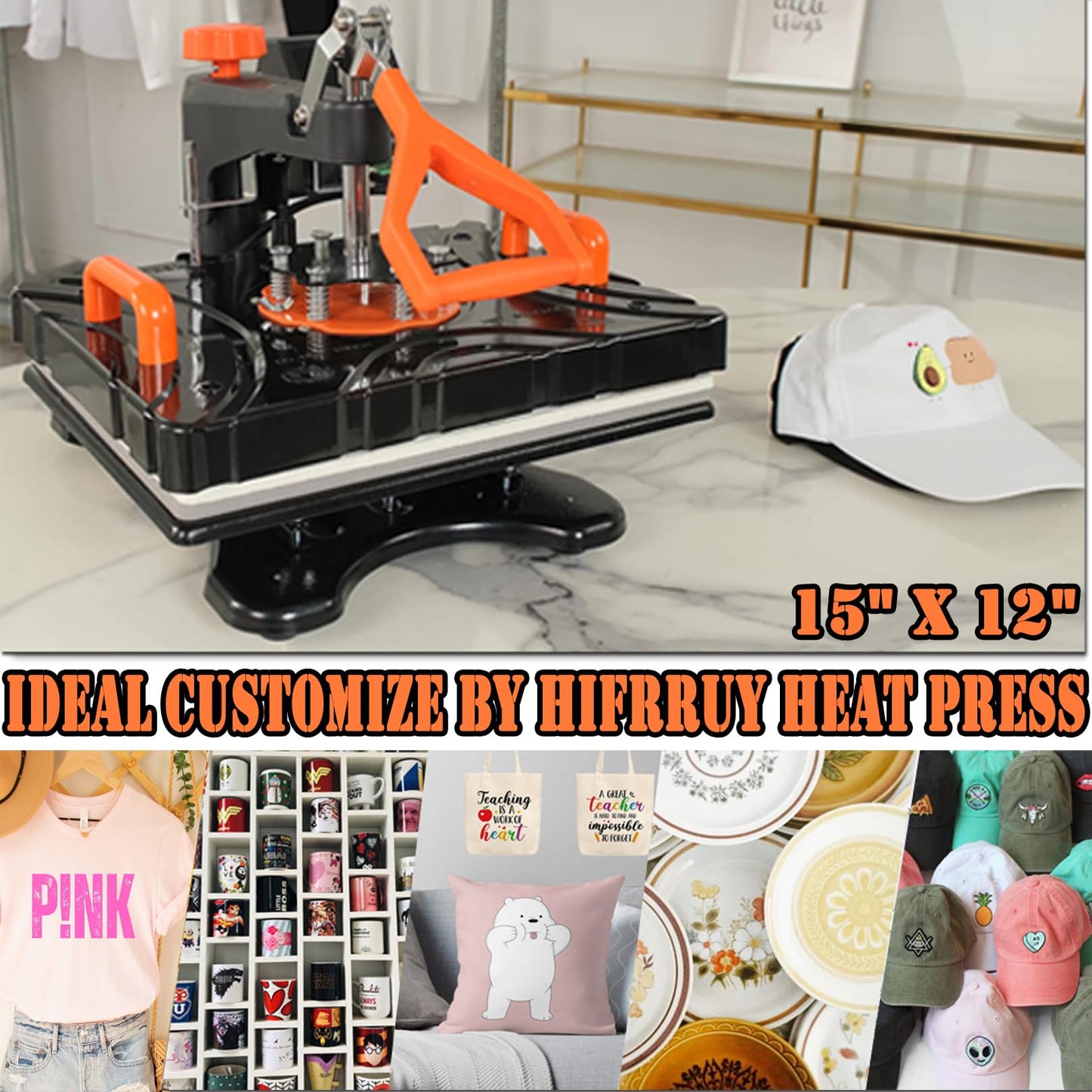 Heat Press Machine 8 in 1 Upgrade Sublimation Machine 15"X12" Swing Away Heat Press Clamshell Printing Heat Transfer Industrial-Quality Heat Press - WoodArtSupply