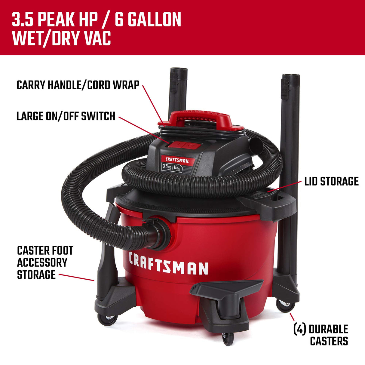 CRAFTSMAN CMXEVBE17584 6 Gallon 3.5 Peak HP Wet/Dry Vac, Portable Shop Vacuum with Attachments Craftsman