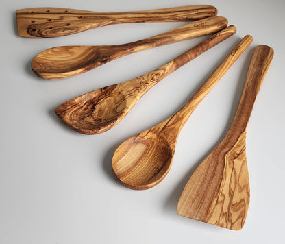 OLIVIKO 100% Olive Wood HANDMADE 5 Spoon Set | Ideal for Nonstick Cookware & Kitchen Utensils | Cooking, Baking & Serving | Eco-friendly & SALAD TONG - WoodArtSupply