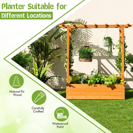 Giantex Raised Garden Bed with Trellis, Wood Planter Box with Roof & Side Trellis, Drain Holes, Elevated Raised Bed with Trellis for Climbing Plant Giantex