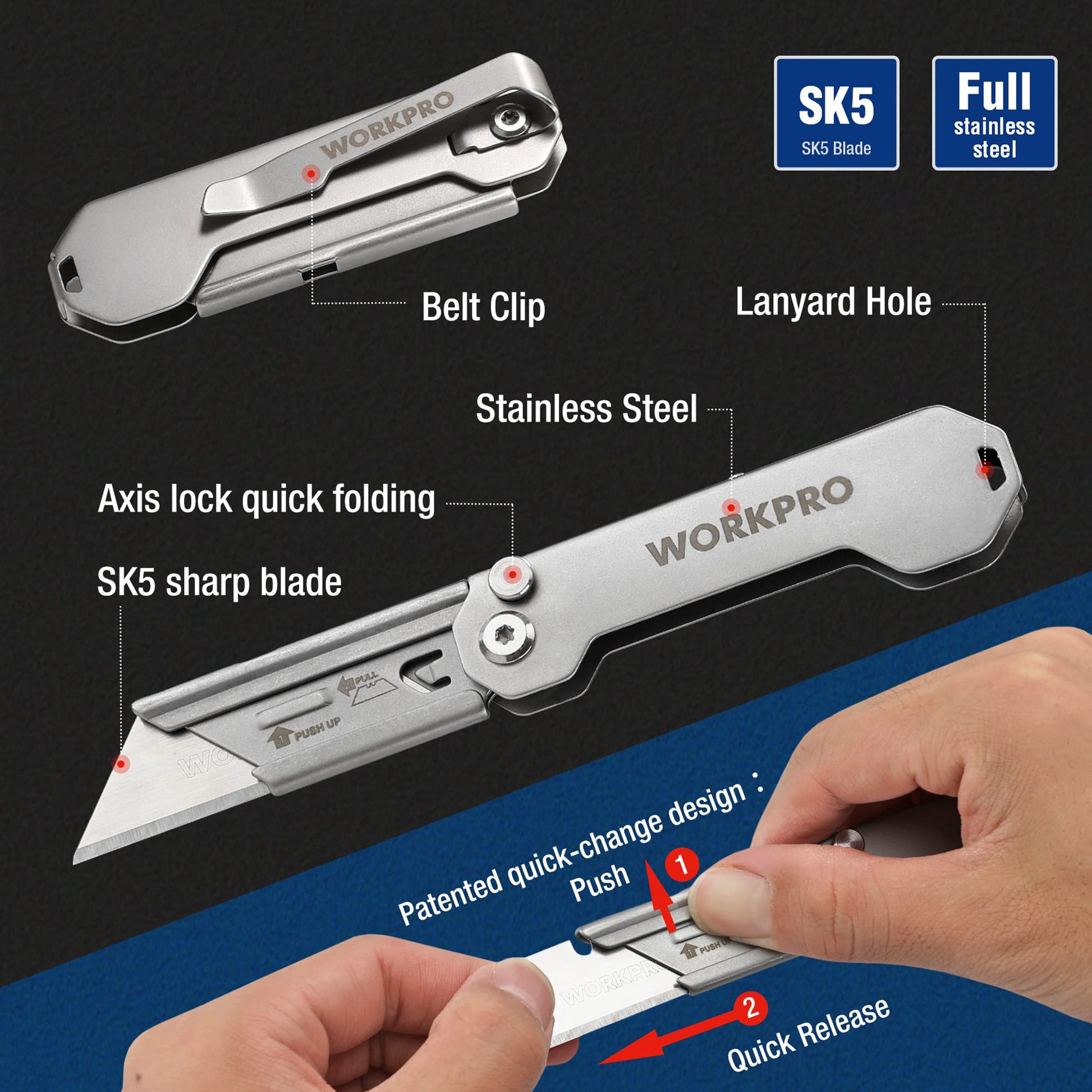 WORKPRO 3-Pack Folding Utility Knife, Quick Change Blades Box Cutter, EDC Foldable Pocket Utility Knife Sets with Belt Clip - WoodArtSupply