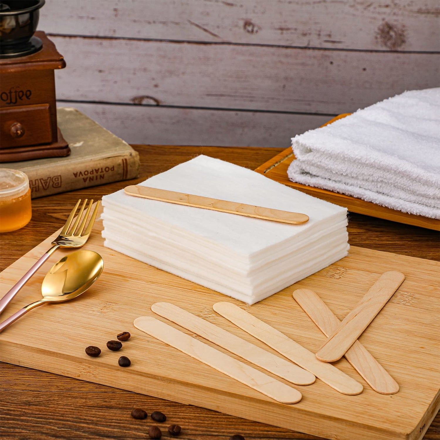 27 Pieces Wood Wax Applicator, Includes 15 White Non-Woven Pads 2 Terry Cloth Buffing Towels and 10 Stirring Sticks for Polishing Cutting Board and Oudain