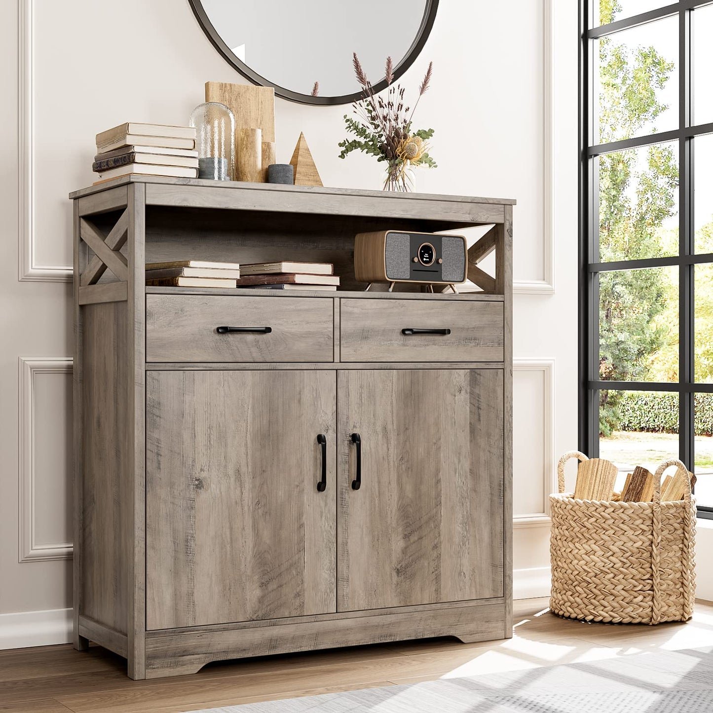 HOSTACK Modern Farmhouse Buffet Sideboard, Kitchen Storage Cabinet with Shelves and Doors, Wood Buffet Cabinet with Drawers, Coffee Bar, Floor - WoodArtSupply