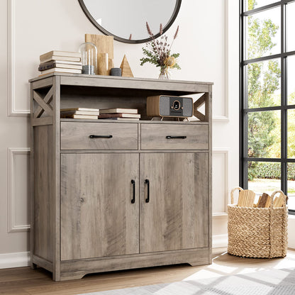 HOSTACK Modern Farmhouse Buffet Sideboard, Kitchen Storage Cabinet with Shelves and Doors, Wood Buffet Cabinet with Drawers, Coffee Bar, Floor