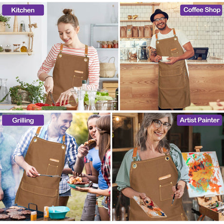 Chef Apron for Men Women with Gift Box Pack, Cross Back Apron with Pockets for Kitchen Cooking Baking Artist Painting, Cotton Canvas Work Aprons for Genixart