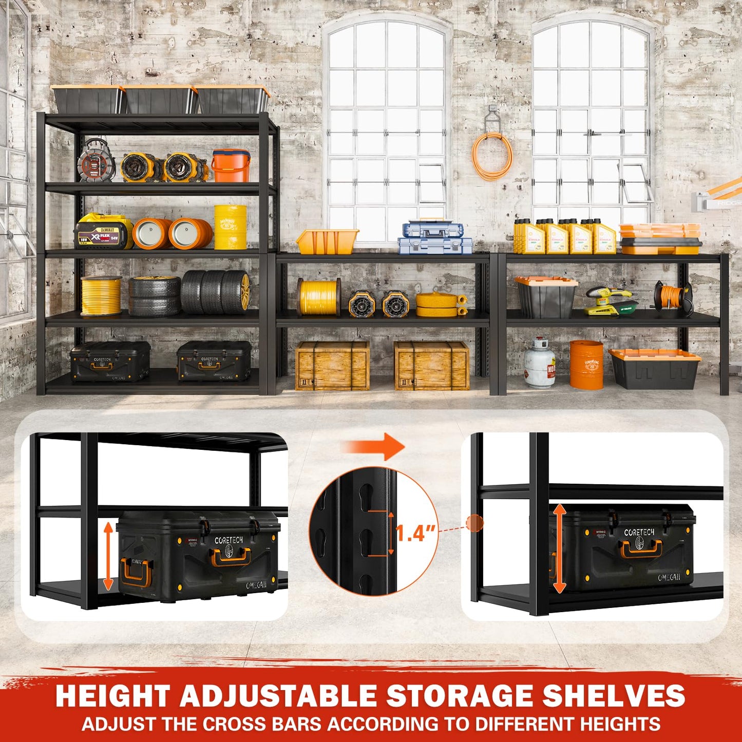 REIBII 48.2" W Garage Shelving 3000LBS Heavy Duty Storage Shelves Adjustable 5 Tier Metal Shelves for Storage Garage Shelf Industrial Shelving Unit - WoodArtSupply