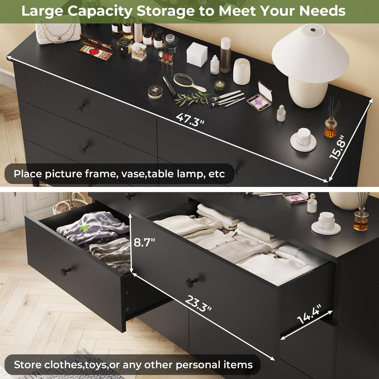 Hasuit 6 Drawers Double Dresser, Wooden Dresser with Heavy Sturdy Steel Frame, Large Capacity Storage Chest of Drawers, Black Dresser for Bedroom, Hasuit