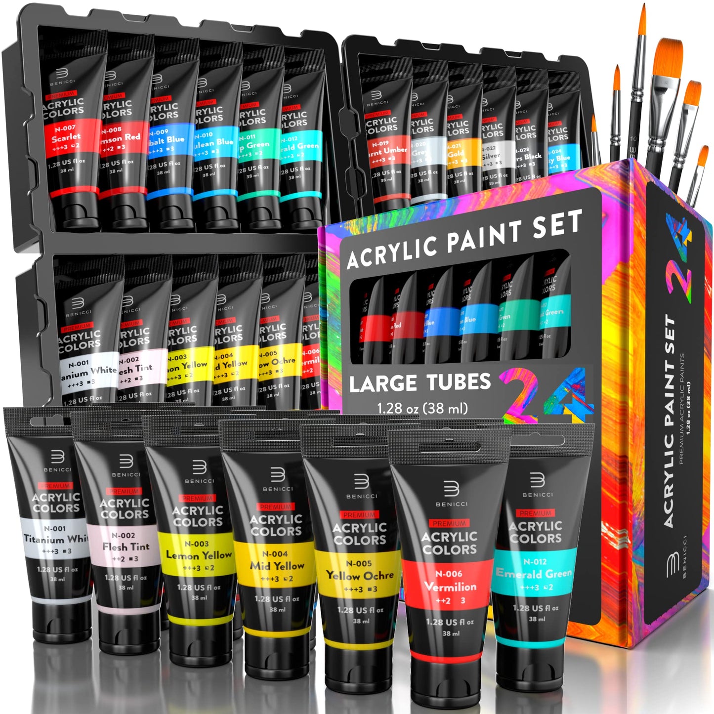 Premium Quality Acrylic Paint Set 24 Colors - 1.28oz (38ml) - with 6 Nylon Brushes - Safe for Kids & Adults - Perfect Kit for Beginners, Pros &