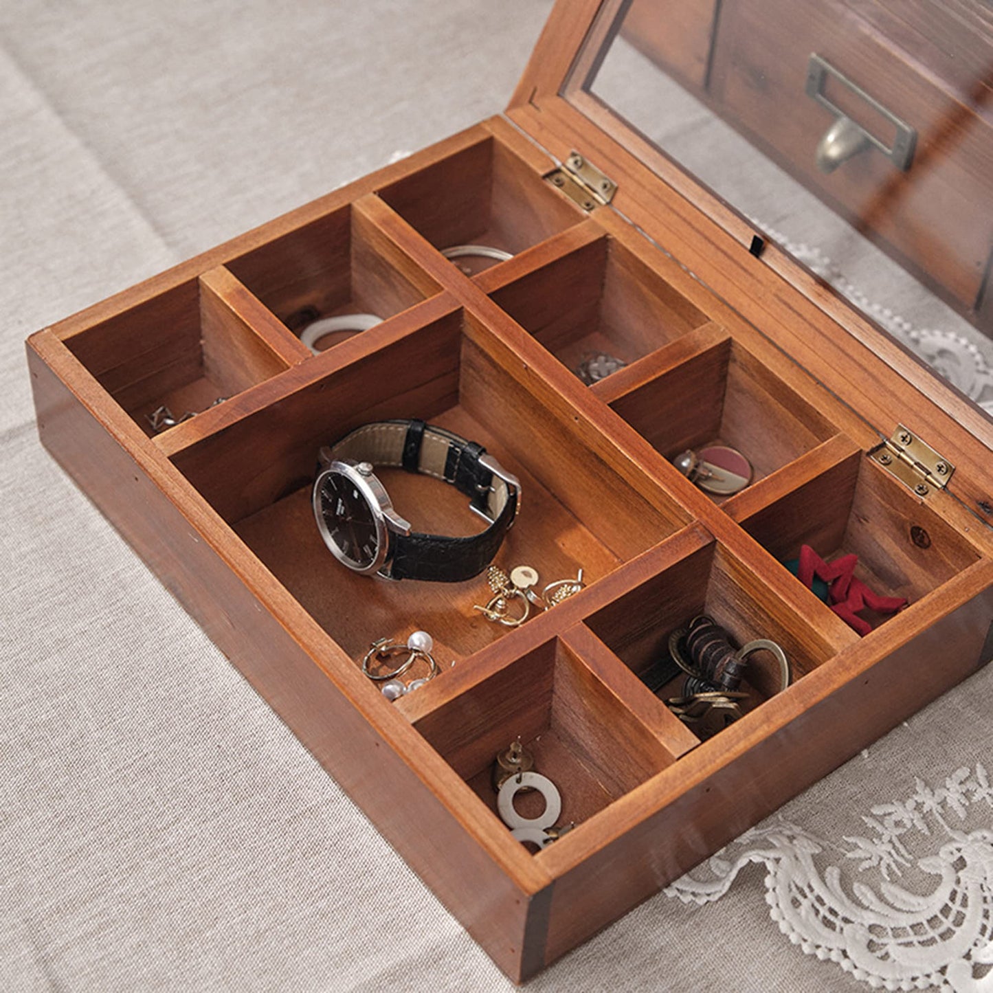 Personalized Wooden Jewelry Box Organizer for Men Custom Gifts for Dad Husband Grandpa Boyfriend Customized Watch Jewelry Storage Box with Initial