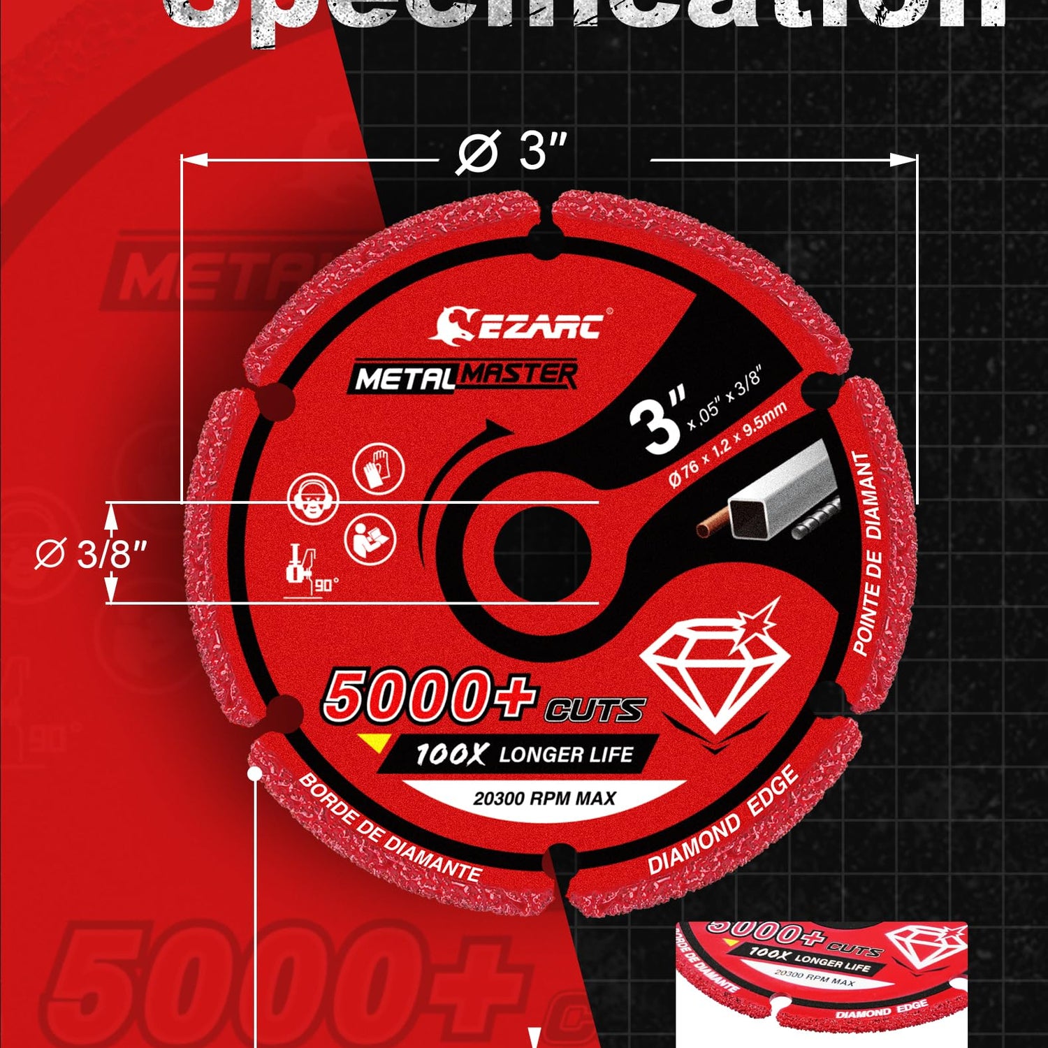EZARC Diamond Cutting Wheel 3 x 3/8 Inch for Metal, Cut Off Wheel with 5000+ Cuts on Rebar, Steel, Iron and INOX EZARC