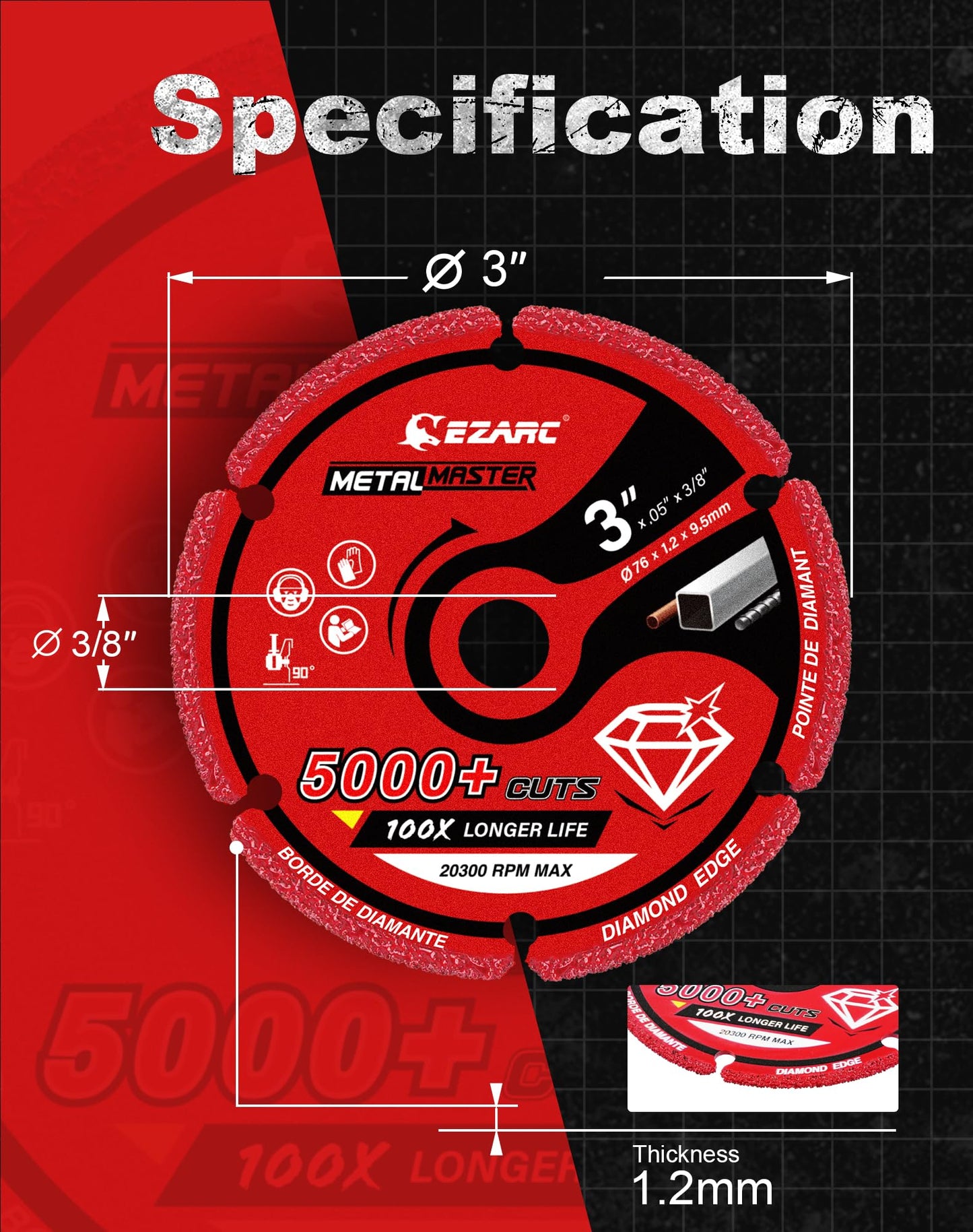 EZARC Diamond Cutting Wheel 3 x 3/8 Inch for Metal, Cut Off Wheel with 5000+ Cuts on Rebar, Steel, Iron and INOX - WoodArtSupply