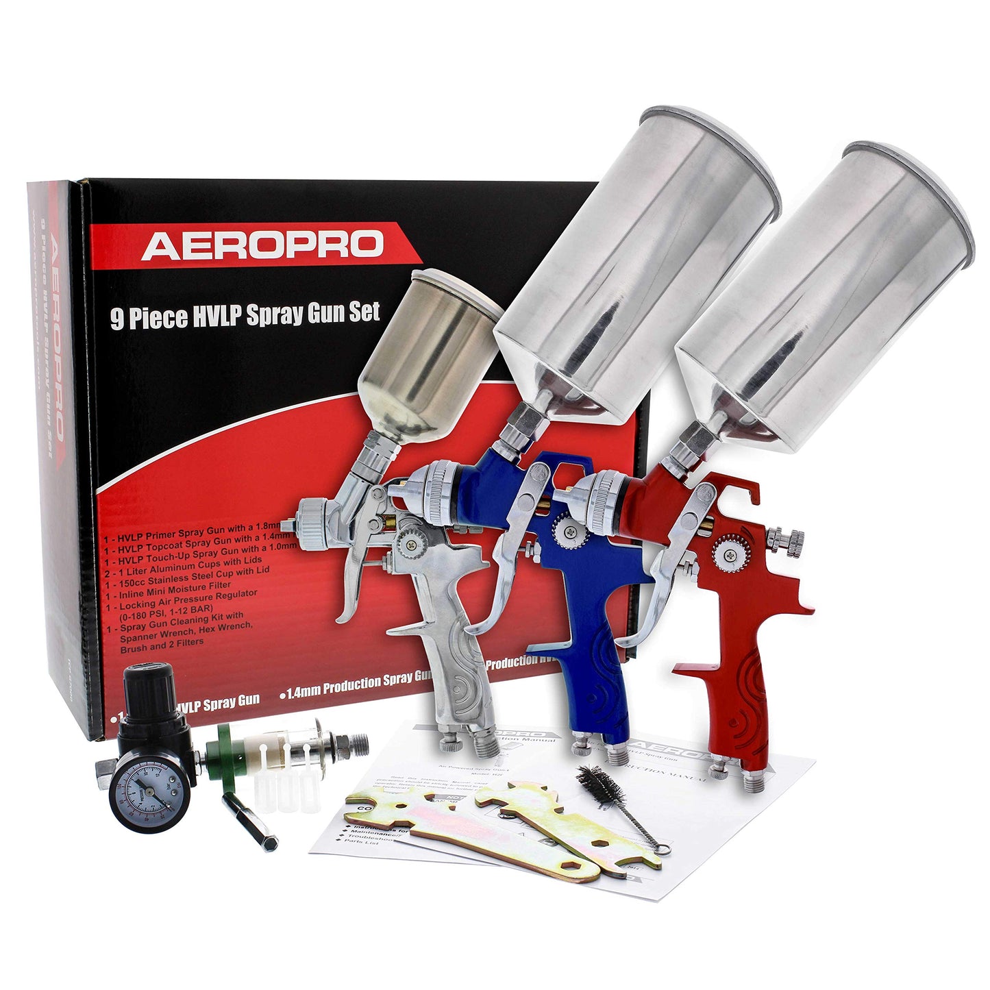 TCP Global Brand HVLP Spray Gun Set - 3 Sprayguns with Cups, Air Regulator & Maintenance Kit for All Auto Paint, Primer, Topcoat & Touch-Up, One Year - WoodArtSupply