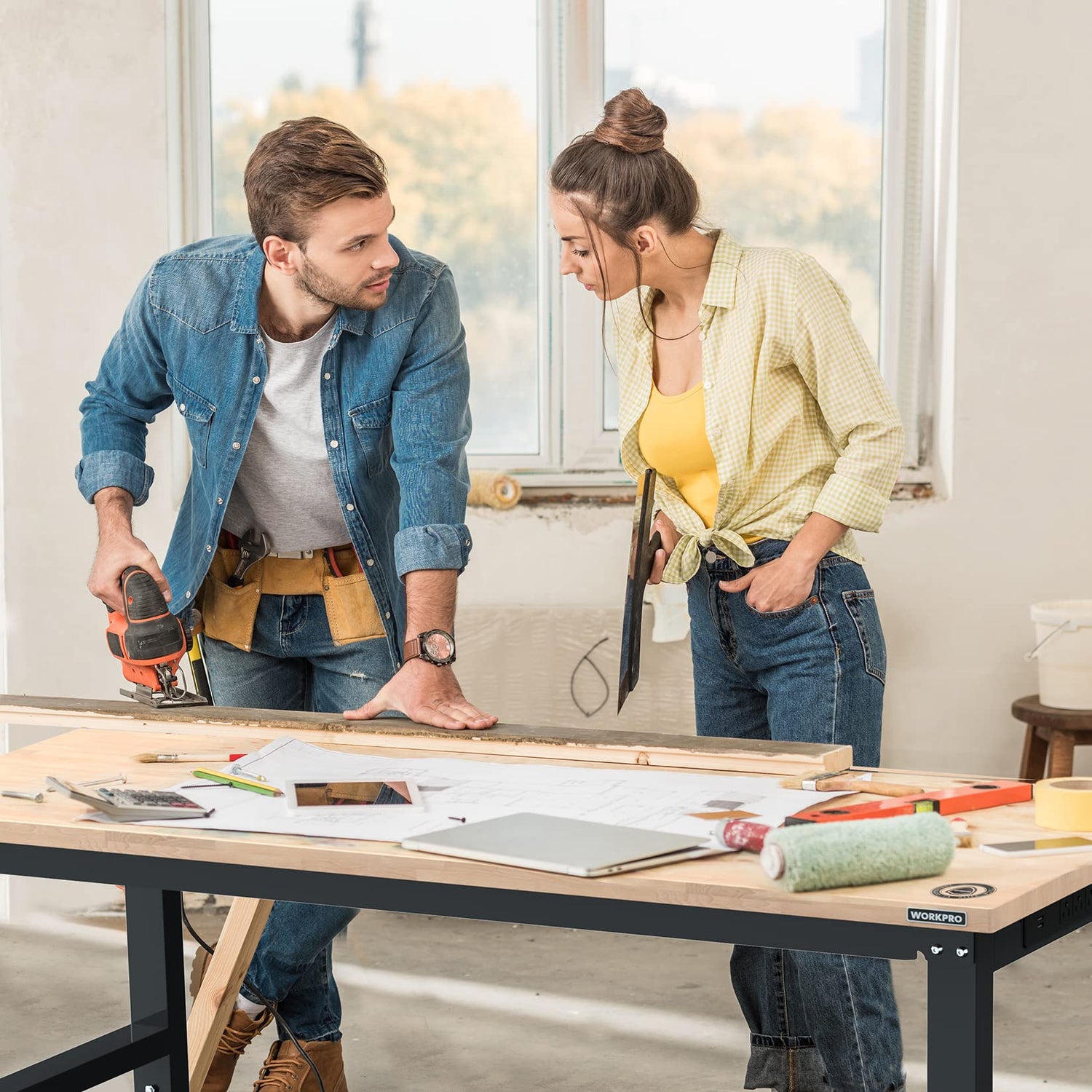 WORKPRO 72" Adjustable Workbench, 3000 LBS Load Capacity Hardwood Garage Workbench with Power Outlets, Rubber Wood Top Heavy-Duty Workstation for WORKPRO
