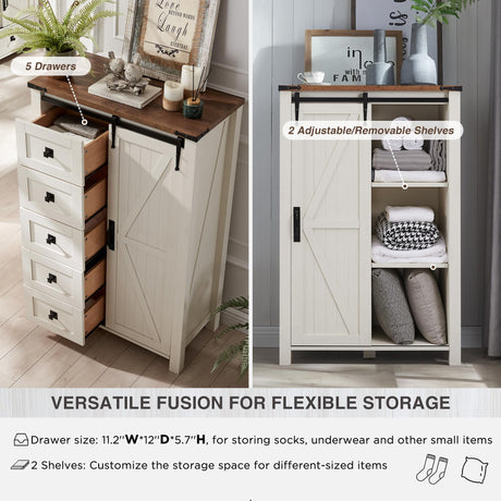T4TREAM 5 Drawers Dresser for Bedroom w/Sliding Barn Door, Farmhouse Modern Tall Dresser 5 Chest of Drawers, Storage Organizer Dresser for Bedroom, T4TREAM
