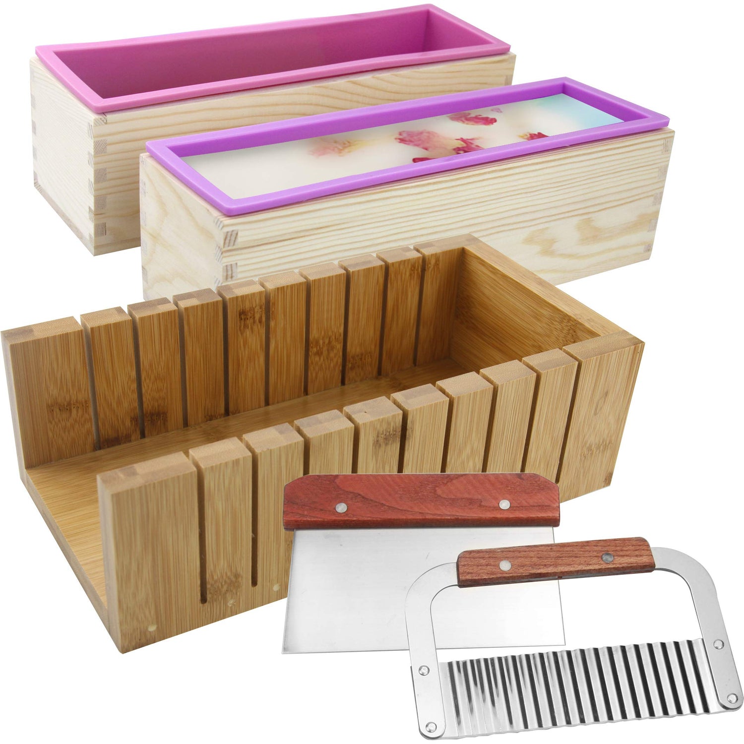 2 PCS Silicone soap molds Making Kit soap loaf bar Making molds (44oz Purple Pink Silicone) for Adults - Stainless Steel Wavy & Straight Slicer MDPQT