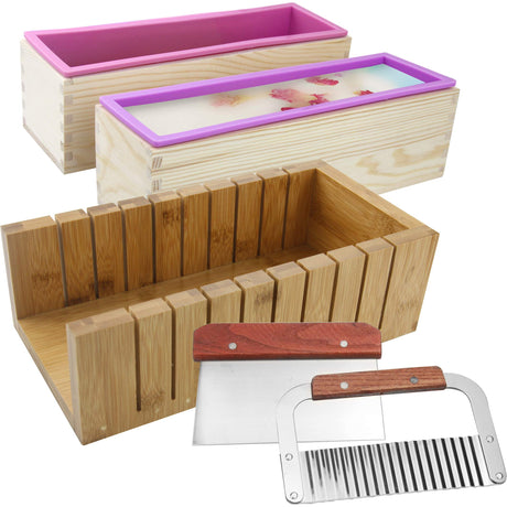 2 PCS Silicone soap molds Making Kit soap loaf bar Making molds (44oz Purple Pink Silicone) for Adults - Stainless Steel Wavy & Straight Slicer MDPQT