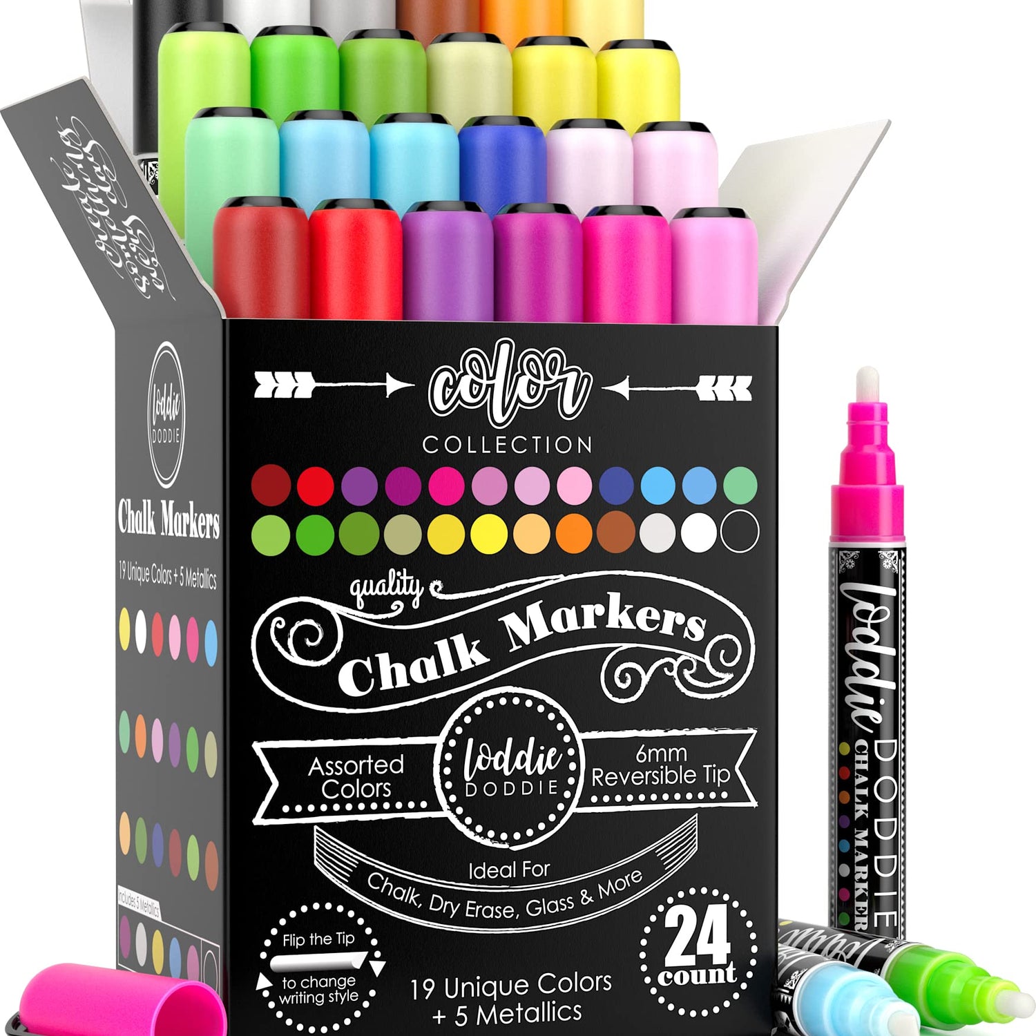Loddie Doddie Liquid Chalk Markers | Dust Free Chalk Pens - Perfect for Chalkboards, Blackboards, Windows and Glass | 6mm Reversible Bullet & Chisel Loddie Doddie