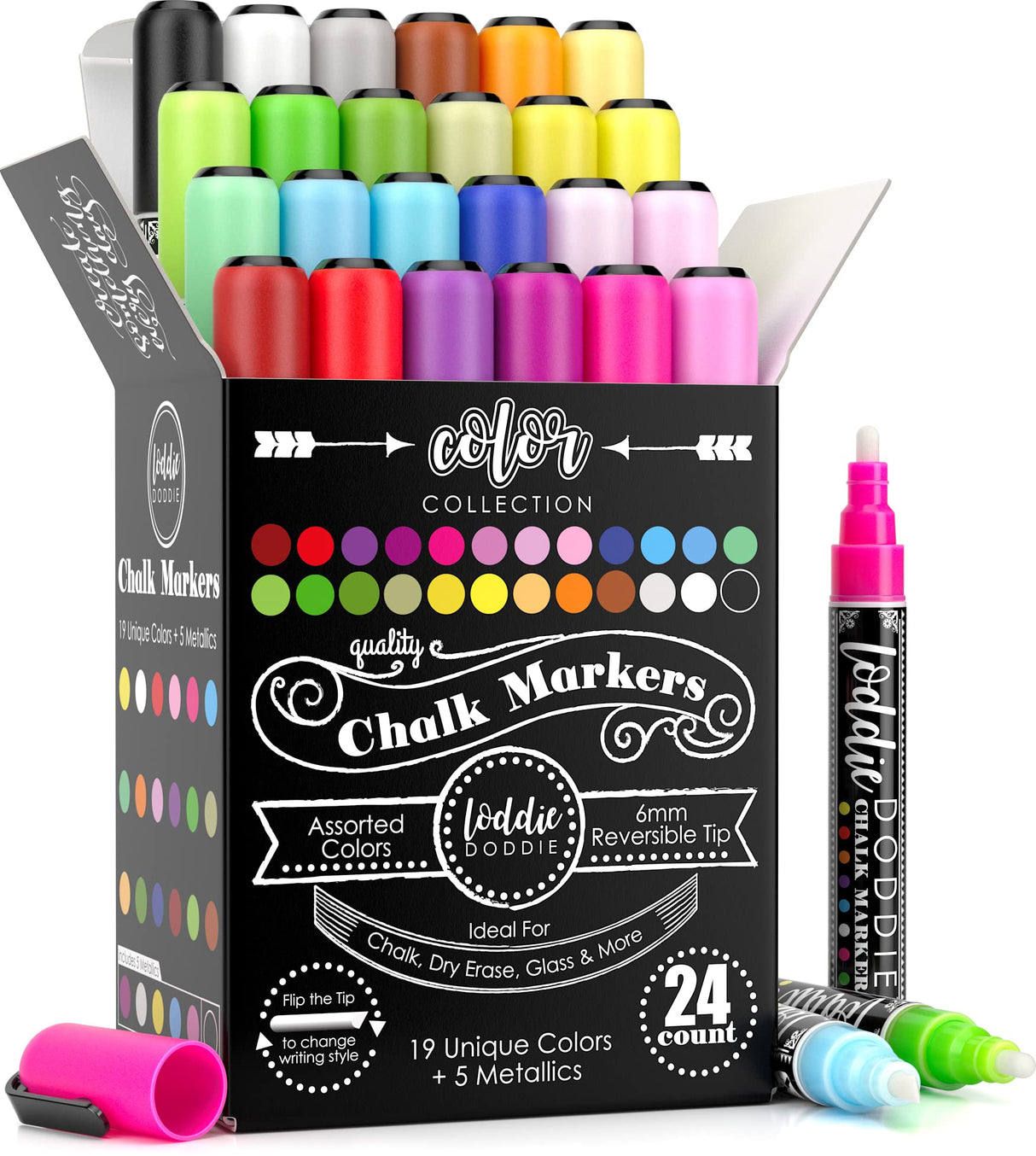 Loddie Doddie Liquid Chalk Markers | Dust Free Chalk Pens - Perfect for Chalkboards, Blackboards, Windows and Glass | 6mm Reversible Bullet & Chisel Loddie Doddie