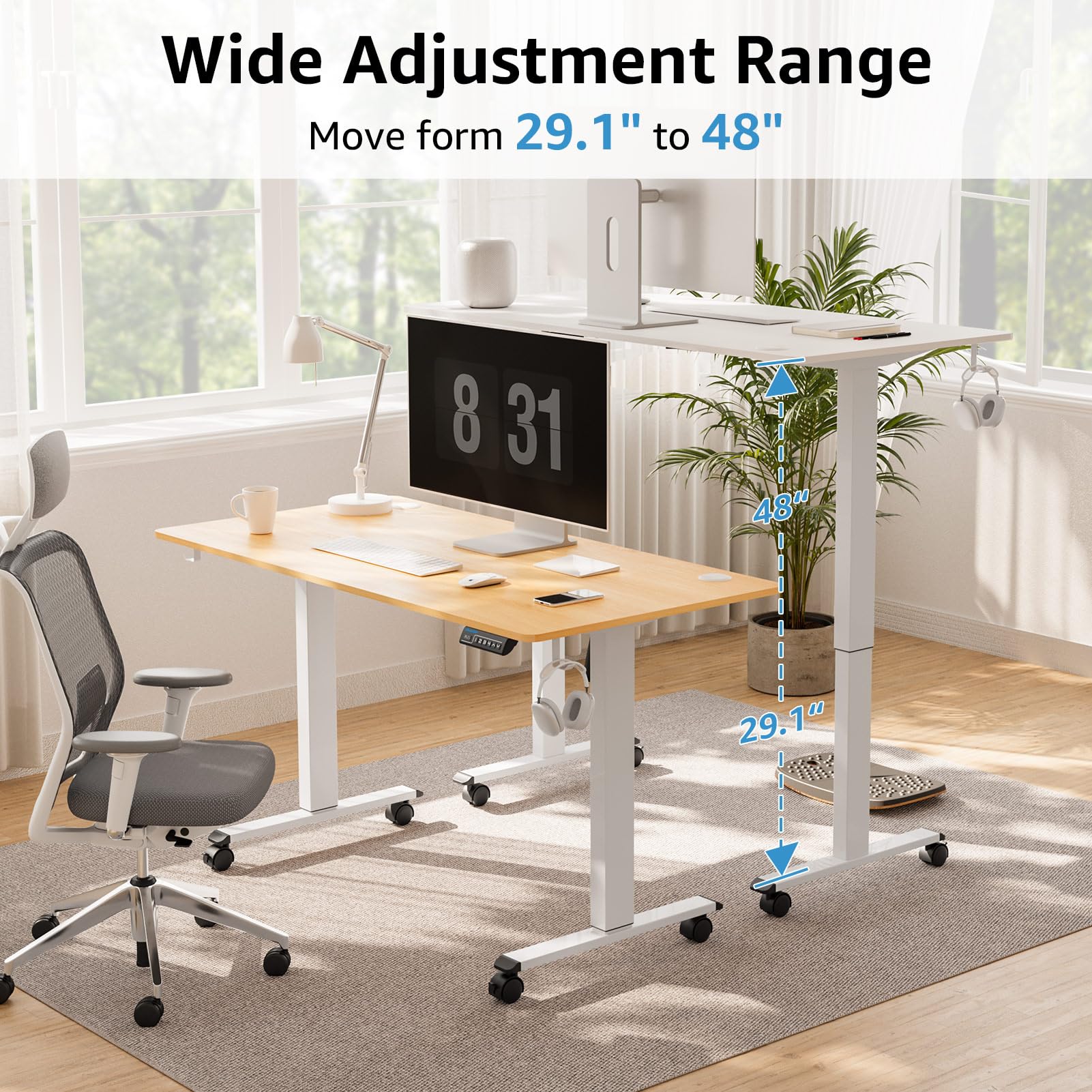 MOUNTUP 𝟓𝟓 𝐱 𝟐𝟖 Inches Electric Height Adjustable Standing Desk, Sit Stand Desk with Memory Controller, Ergonomic Stand Up Desk for Home Office with - WoodArtSupply