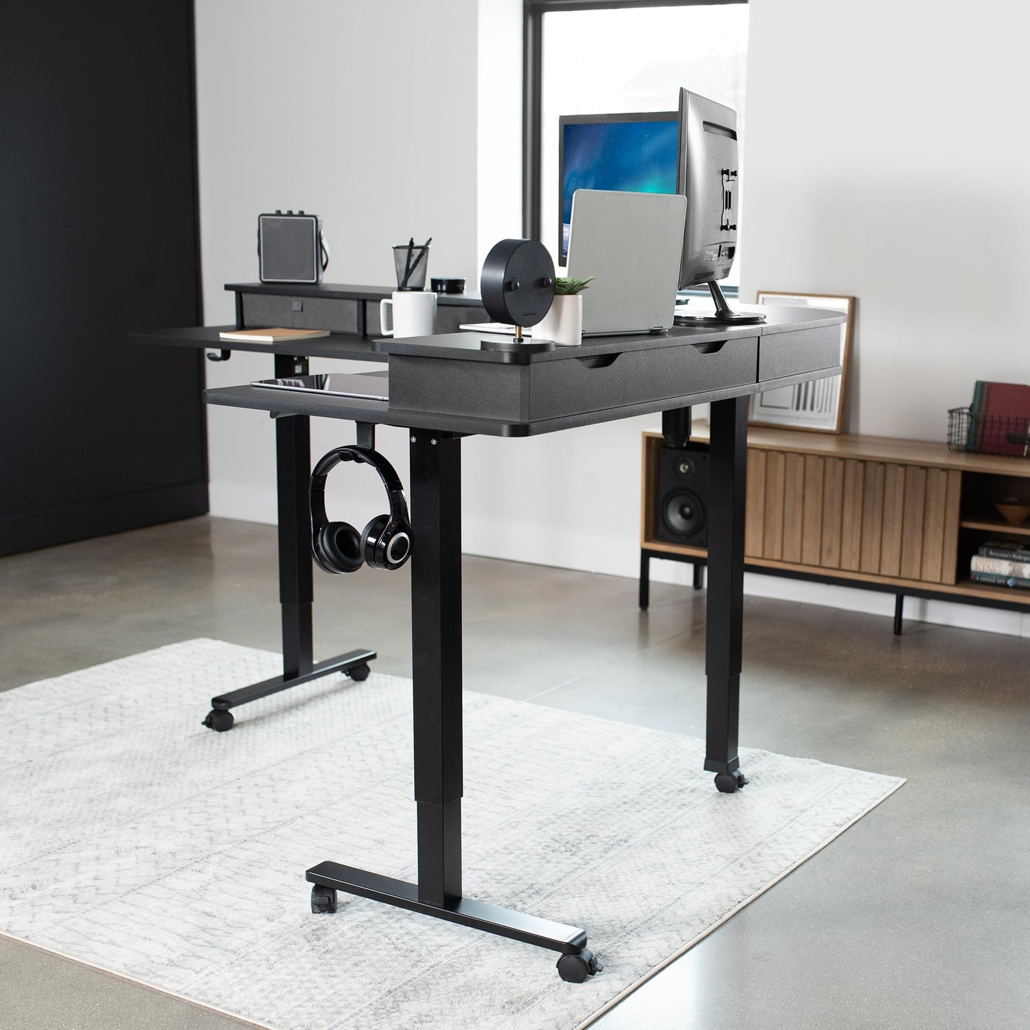 VIVO Electric 2-Tier Height Adjustable 63 x 55 inch Stand Up Corner Desk, L-Shaped Mobile Table with Memory Controller, Black Table Top, Black Frame, VIVO