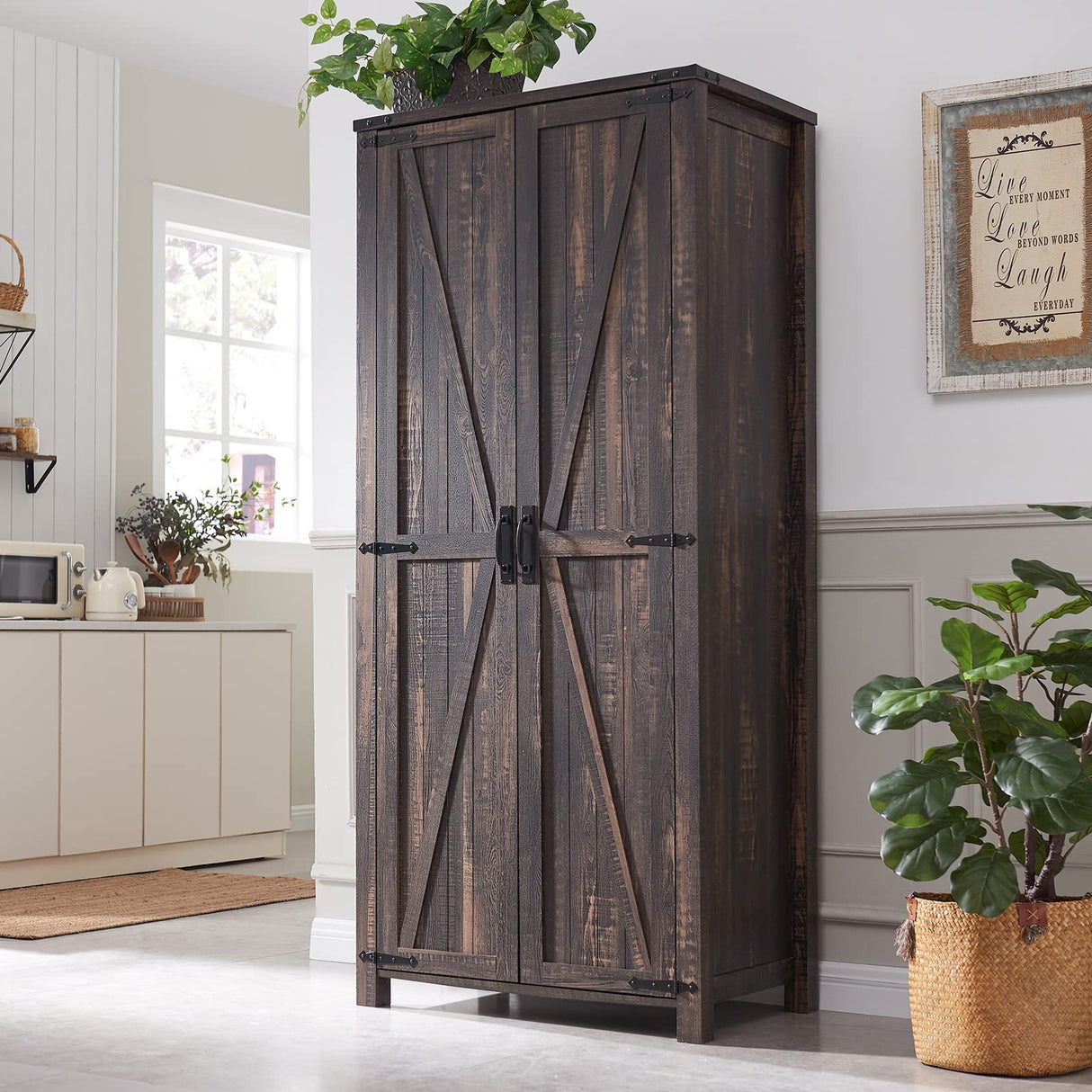OKD 32'' Rustic Farmhouse Armoire with Adjustable Shelves and Barn Doors OKD