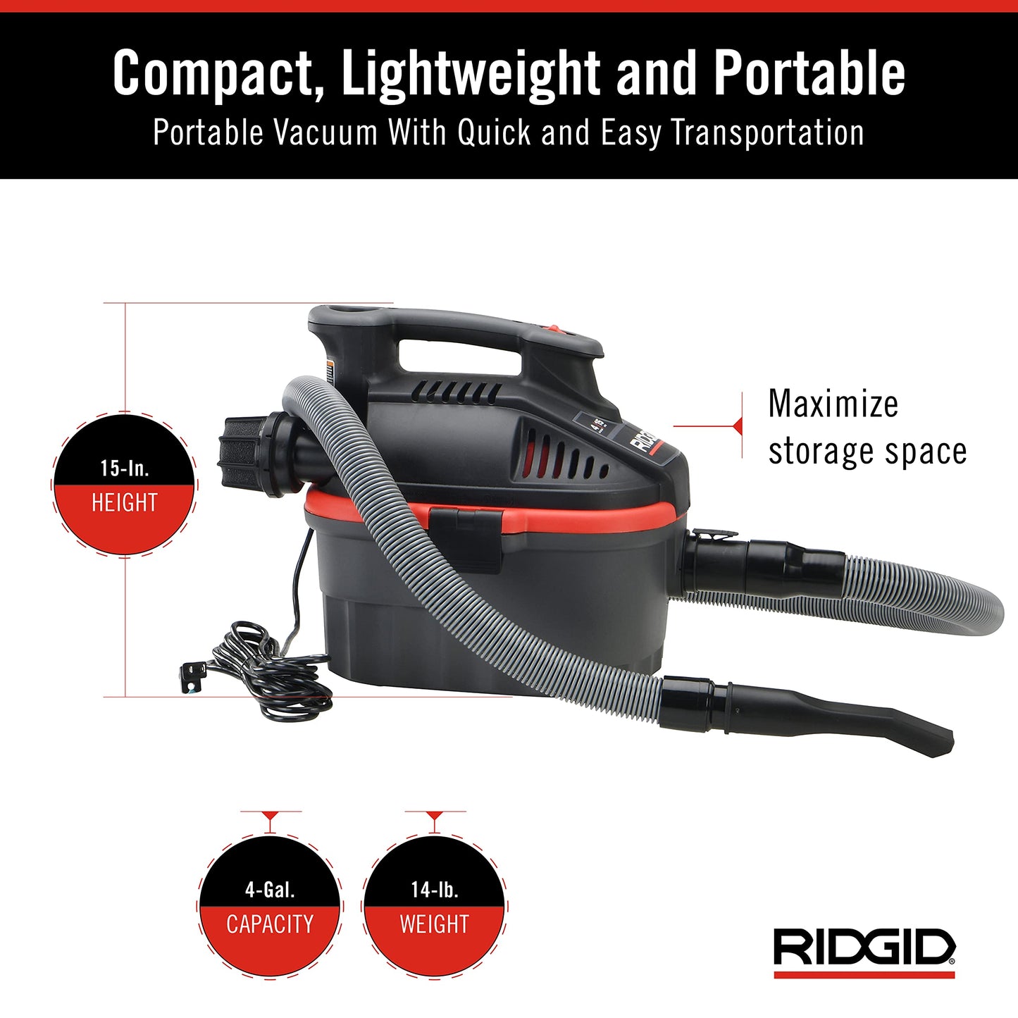 RIDGID 50313 Model 4000RV 4-Gallon Portable Wet and Dry Compact Vacuum Cleaner with 5.0 Peak-HP Motor, 4 gallon, Red - WoodArtSupply