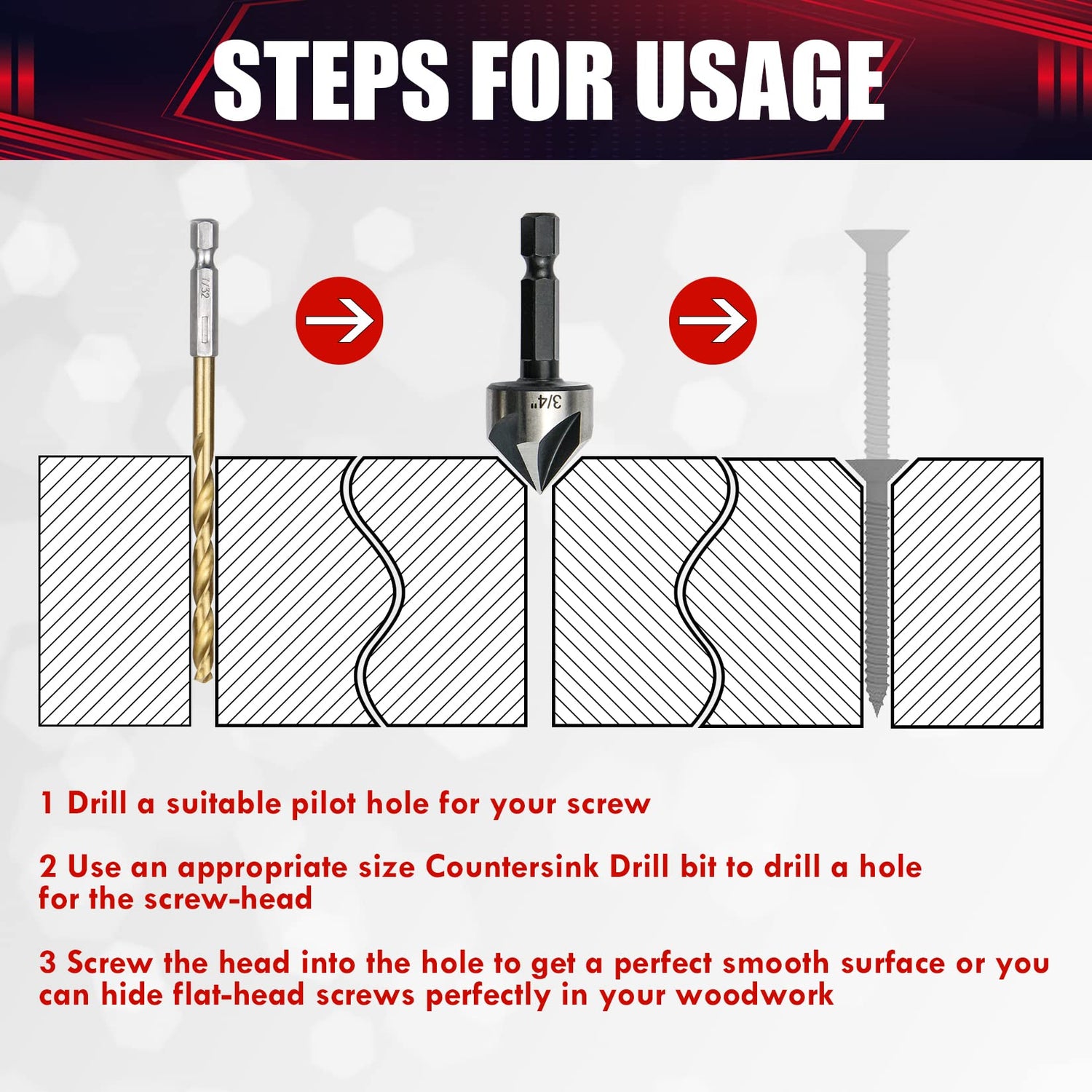 wesleydrill 5 pcs Countersink Drill Bit Set，82 Degree Counter Sink， Fit for Sink Holes into Most Machinable Metals, Plywood, Softwood, Hardwood, wesleydrill