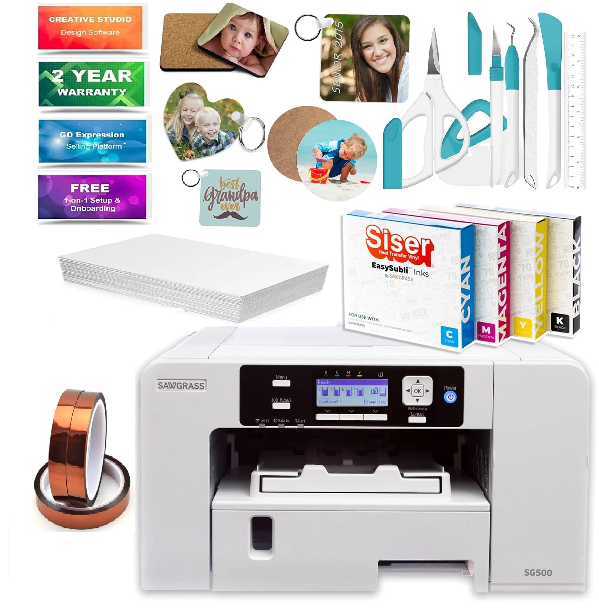 Sawgrass Virtuoso SG500 Sublimation Printer - Bundle with EASYSUBLI Inks, 330 Sheets Sublimax Paper, 3 Tapes, Dust Cover, 7-Piece Craft Tool Set & - WoodArtSupply