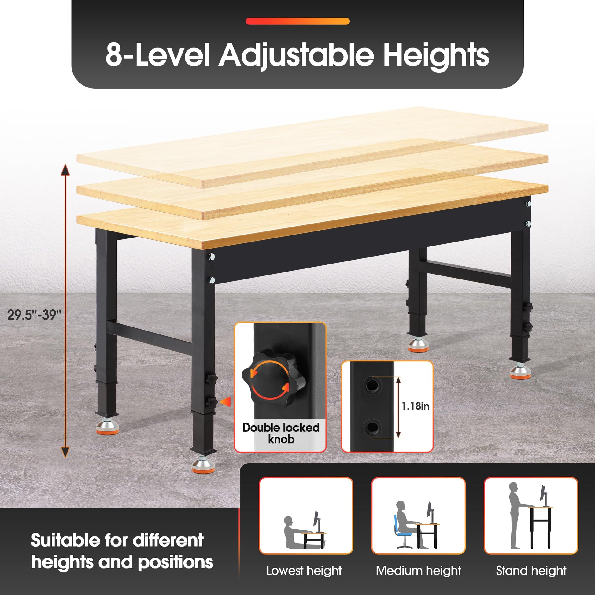 Antifir 60" Adjustable Workbench,Heavy Duty Workstation with Rubber Wood Top, 2000 LBS Load Capacity Hardwood Garage Workbench for - WoodArtSupply