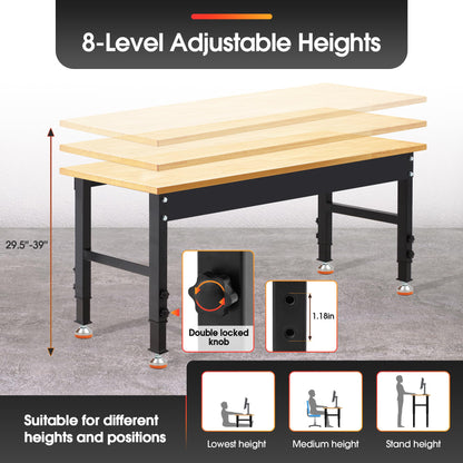 Antifir 60" Adjustable Workbench,Heavy Duty Workstation with Rubber Wood Top, 2000 LBS Load Capacity Hardwood Garage Workbench for - WoodArtSupply