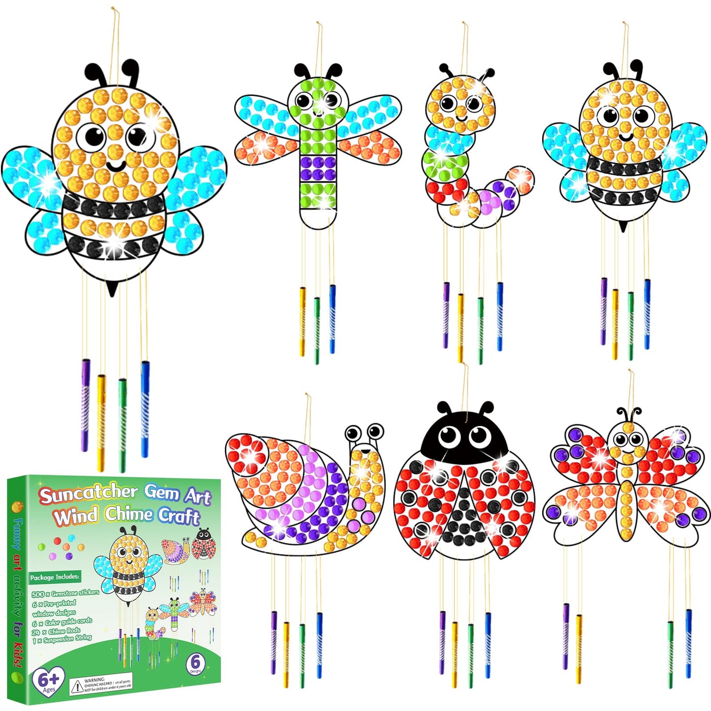 6 Pack Spring Arts Crafts Animals Gem Diamond Suncatcher Wind Chime Crafts for Kids DIY Spring Diamond Painting Wind Chime Gifts Exchange for Kids
