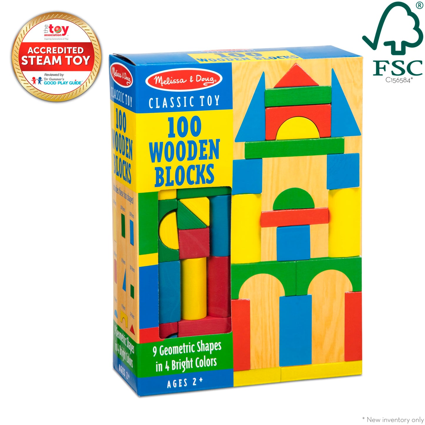 Melissa & Doug Wooden Building Set - 100 Blocks in 4 Colors and 9 Shapes - WoodArtSupply