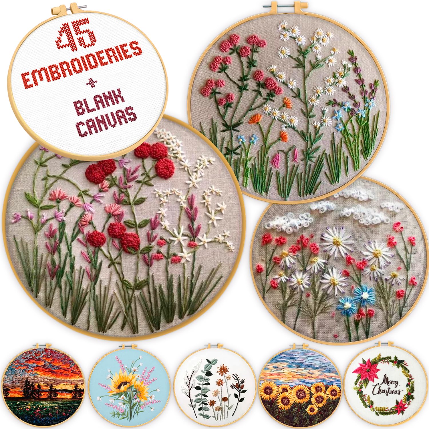 Univigo Embroidery Kit 3 Sets Embroidery Stitch Practice Kit for Handicraft Lover Cross Stitch Kits with Embroidery Cloth Hoop Color Threads Scissors Univigo