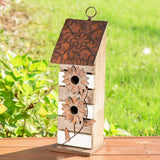 glitzhome GH90090 Hanging Two-Tiered Wooden Birdhouse with Flowers, Brown White glitzhome