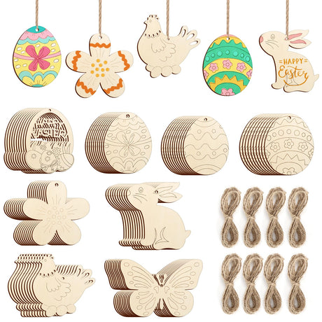 80PCS Wooden Easter Ornaments to Paint, 8 Styles DIY Blank Unfinished Wood Cutouts Ornament for Crafts Hanging Decorations, Egg Rabbit Bunny Sophena