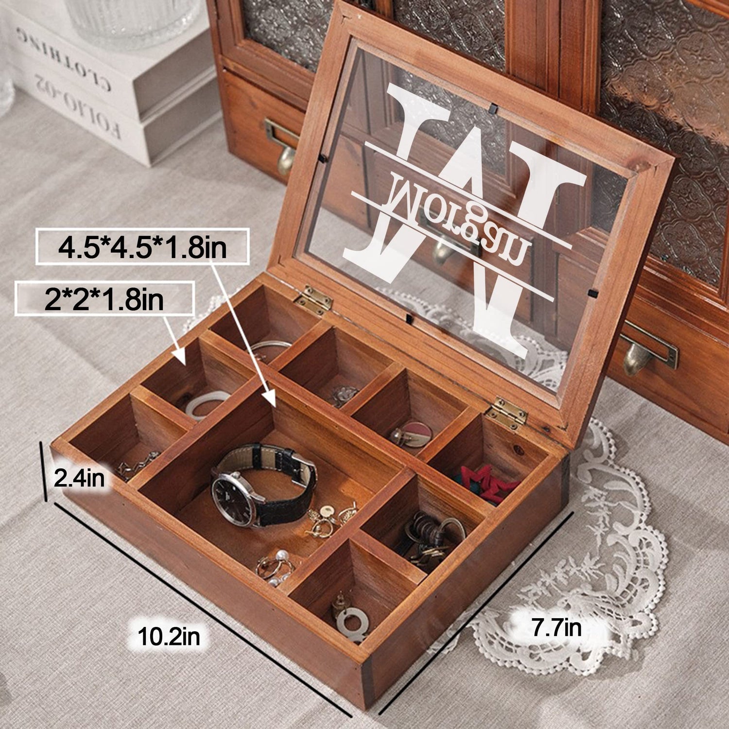 Personalized Wooden Jewelry Box Organizer for Men Custom Gifts for Dad Husband Grandpa Boyfriend Customized Watch Jewelry Storage Box with Initial Generic