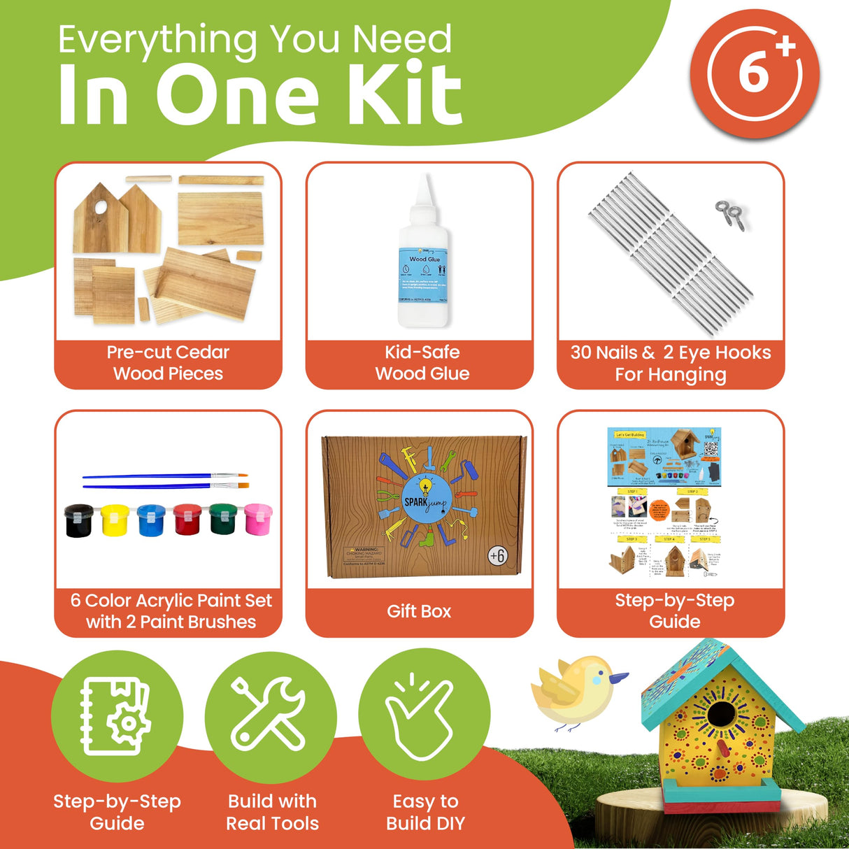 SparkJump Jr Bird House Kit | DIY Birdhouse Kits Made of Cedar Wood for Outdoors | Birdhouse Kits for Kids and Adults with Paint | Bird House Making SparkJump