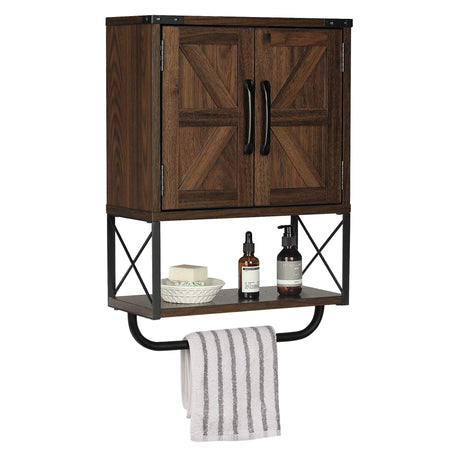 RUSTOWN Farmhouse Rustic Medicine Cabinet with Two Barn Door,Wood Wall Mounted 3-Tier Storage Cabinet with Adjustable Shelf and Towel Bar for RUSTOWN